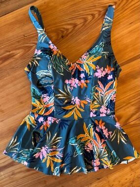 Floral Peplum Swim Bikini Top in Teal with Pink & Orange Accents